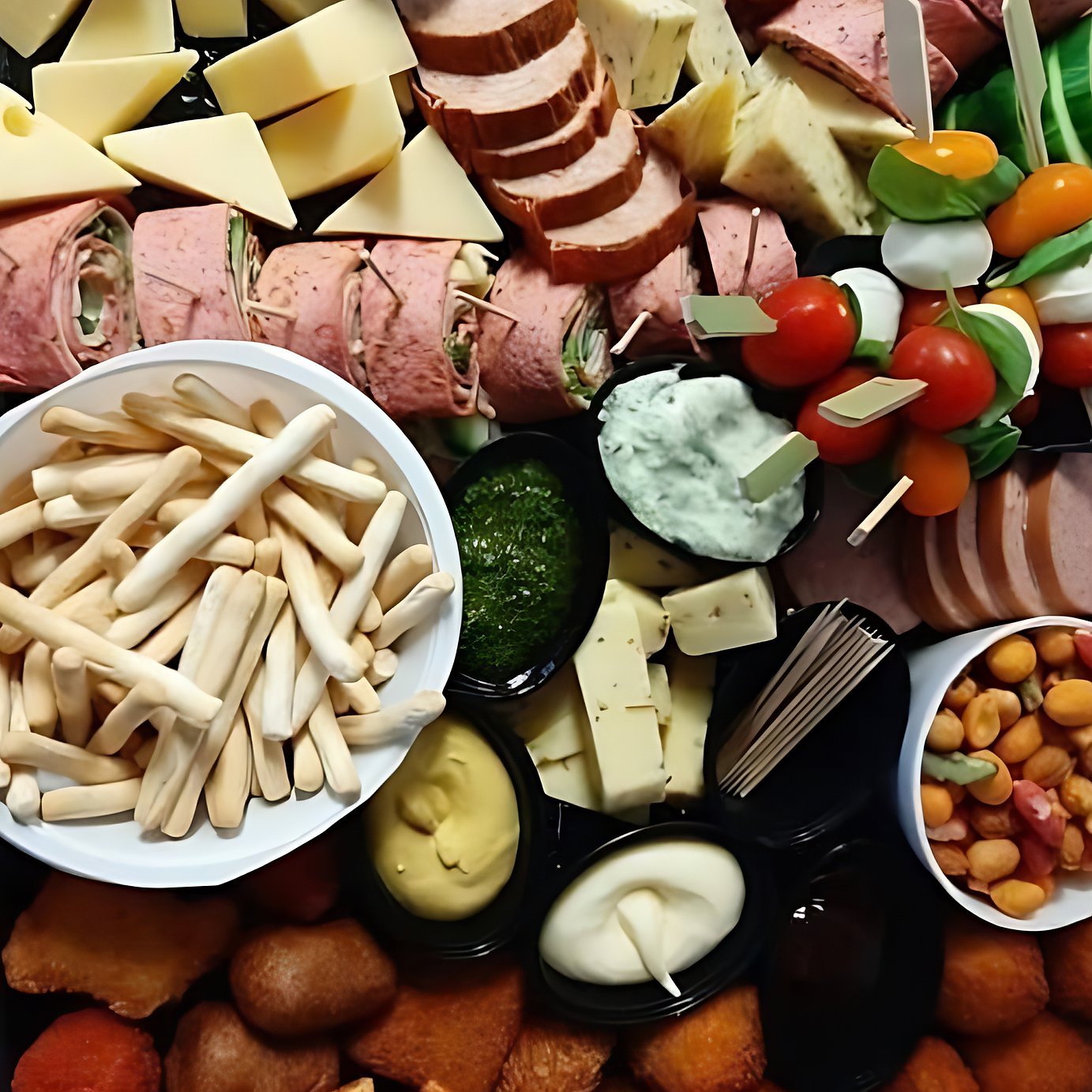 een hapjesplank met wrapjes, kaas, worst, dipsauzen en tomaatjes aan prikkers