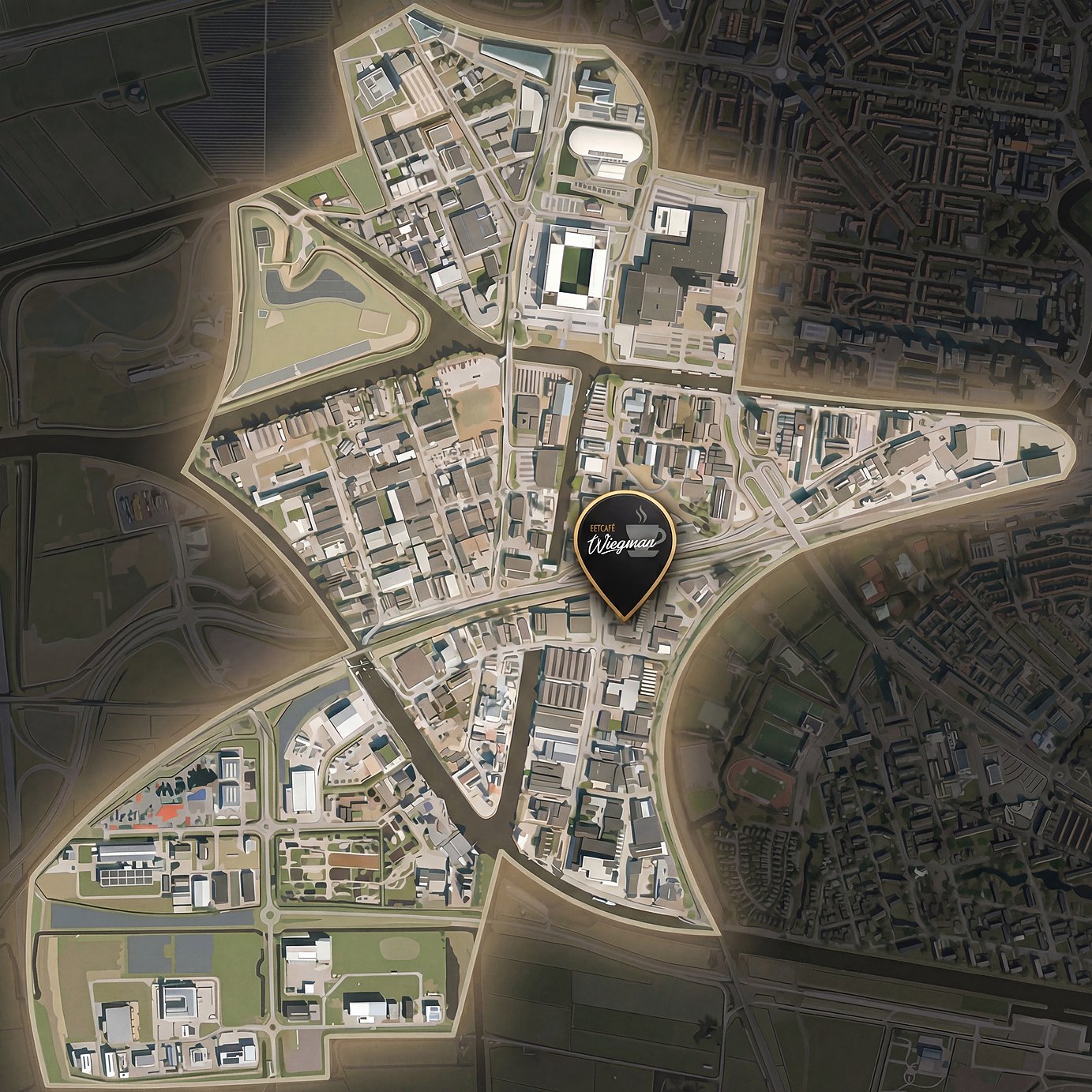 luchtfoto van bedrijventerrein De Zwette in Leeuwarden met de plek van Eetcafé Wiegman